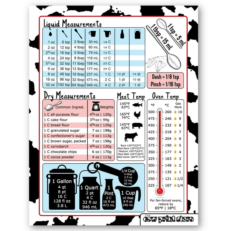 Cow Print Kitchen Conversion Chart Magnet - Imperial & Metric to Standard  Conversion Chart Magnet - Cooking Measurements for Food - Measuring Weight