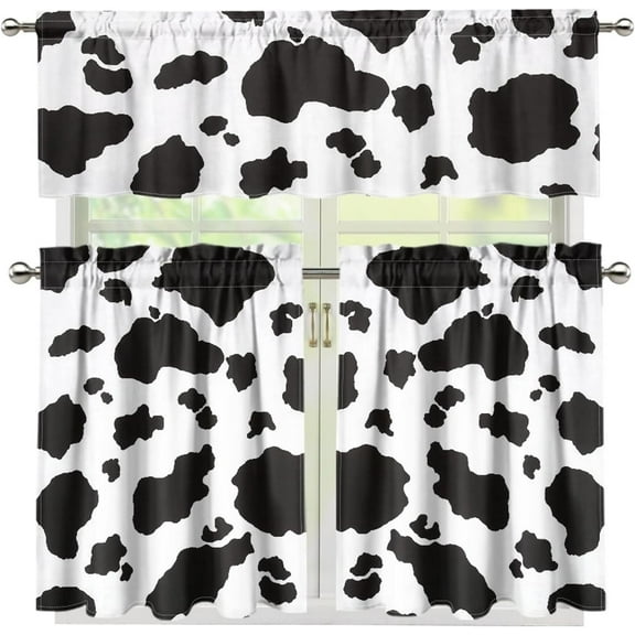 Cow Print Kitchen Curtains Tiers and Valances Set of 3 Window Fashion Farmhouse Basement Office Room Window Curtain