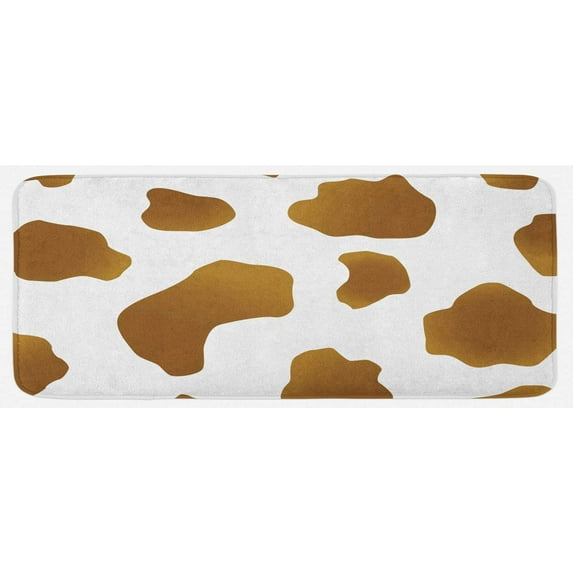 Cow Print Kitchen Mat, Brown Spots on a White Cow Skin Abstract Art Cattle Fur Farm Animals Cowboy Barn, Plush Decorative Kitchen Mat with Non Slip Backing, 47" X 19", White Brown