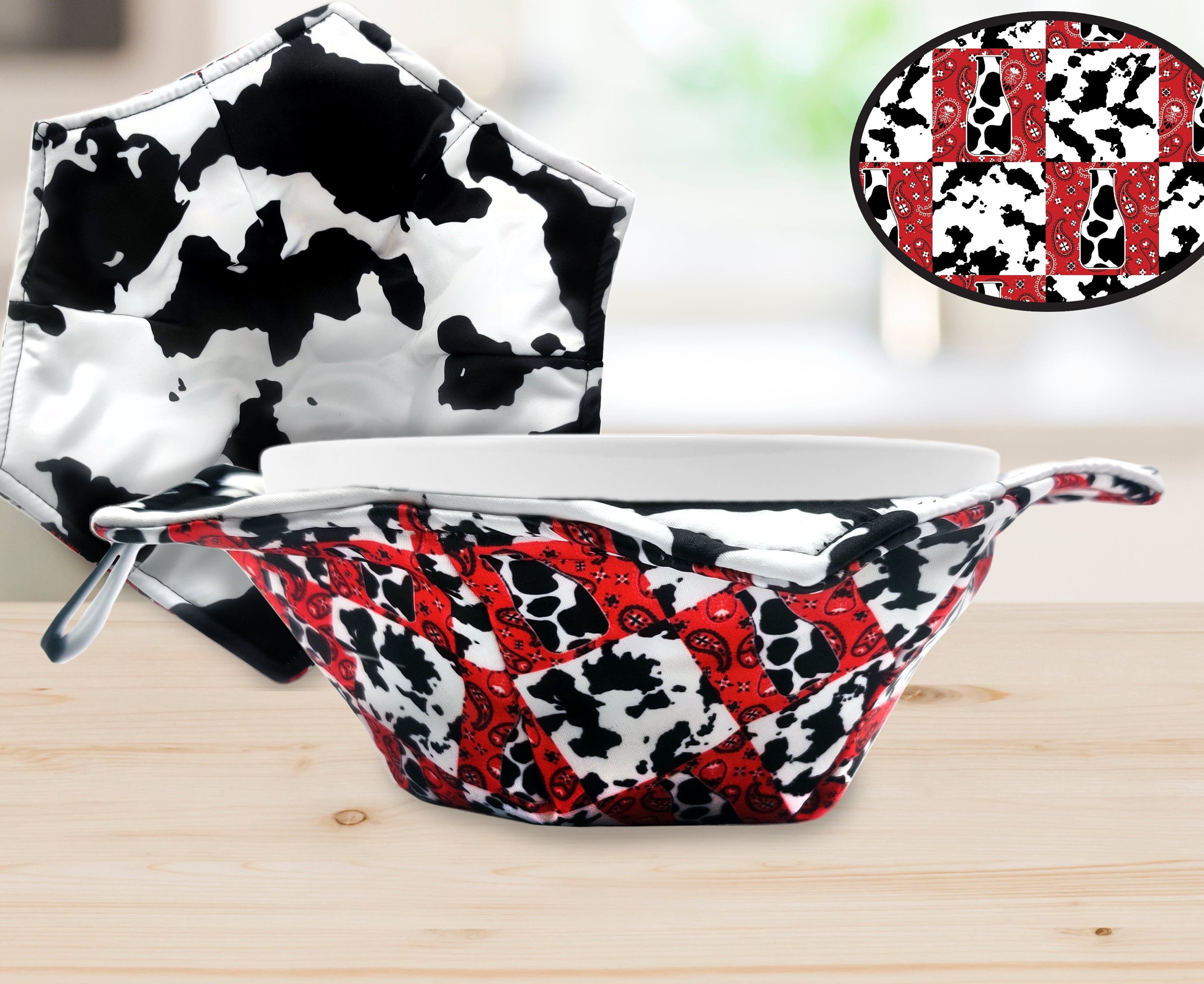 Cow Print Kitchen Microwave Bowl Holders 2 PACK for Hot Food Set of