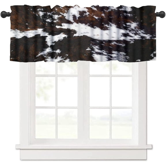 Cow Print Kitchen Valance Curtain, Rustic Western Cow Print Brown Black White Animal Fur Skin Pattern Window Treatment Rod Pocket Drapes for Kitchen Batroom Office Deocr 54x18inch