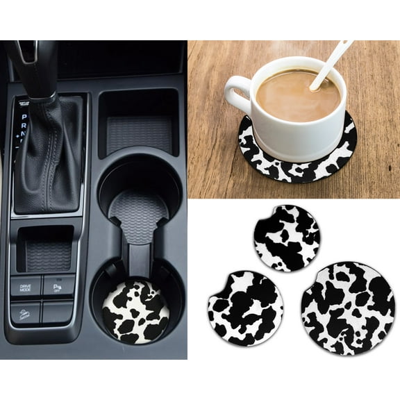 Cow Print Larger 2.75 Inch Car Coasters 4 Pack, Absorbent Neoprene Fabric Coasters Car Cup Coaster Drink Cup Holder Coasters, Animal Themed, Black and White (COW PRINT, MEDIUM)