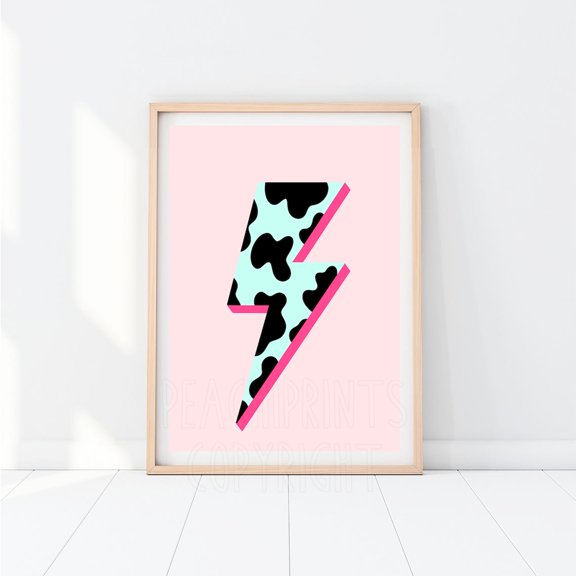Cow Print Lightning Bolt Pink Mint Abstract Art Print
