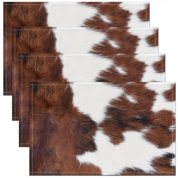 Cow Print Linen Placemats Set of4PCS, Western Rustic Cow Print Brown White Animal Fur Skin 12x18 Inch Washable Table Mats Non Slip Placemats for Wedding Party Kitchen Banquets Dining Decoration