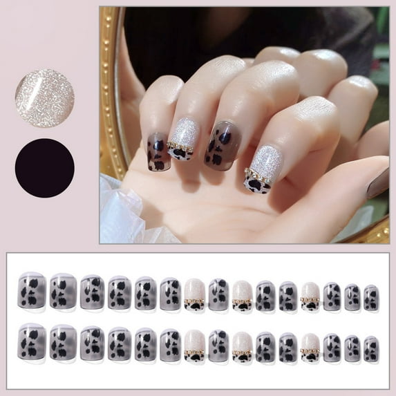 Cow Print Nails 24 Pack Reusable Acrylic Nail Stickers Wear Tips For Women Girls Manicure Decorations