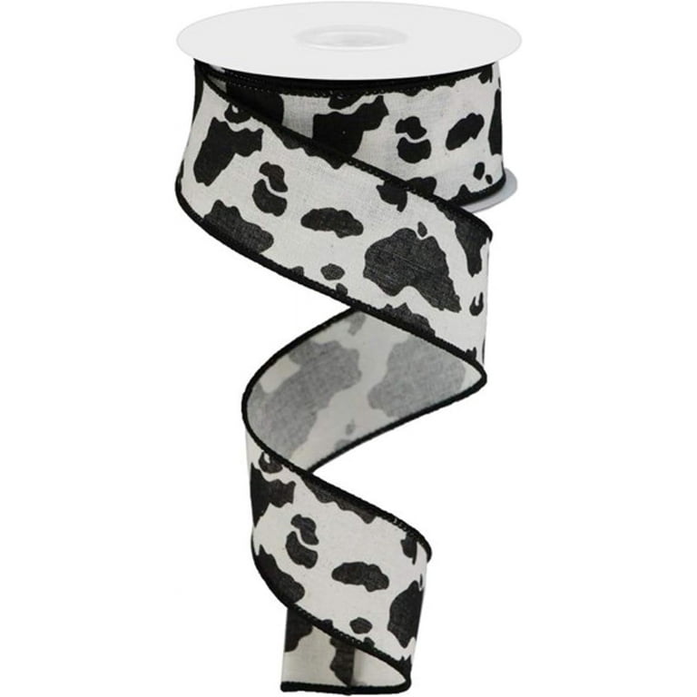 Cow Print On Cotton Wired Edge Ribbon - 10 Yards (Black, Cream, 1.5 Inch)