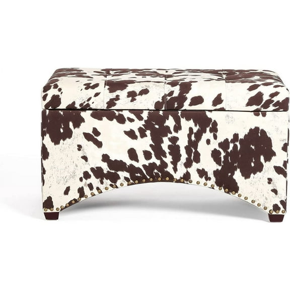 Cow Print Ottoman with Storage 30'' Ottoman Storage Bench Rectangle Faux Cow Hide Ottomans Upholstered Foot Rest Stool for Couch Padded Footstool for Living Room Bedroom