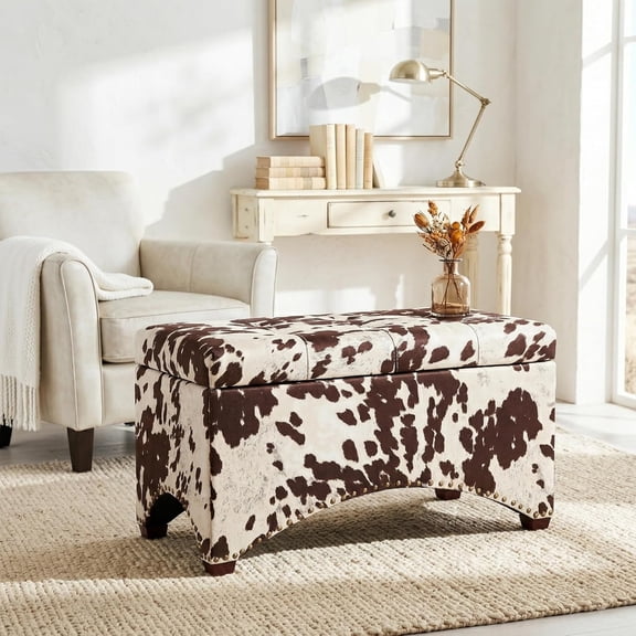 Cow Print Ottoman with Storage 30'' Ottoman Storage Bench Rectangle Faux Cow Hide Ottomans Upholstered Foot Rest Stool for Couch Padded Footstool for Living Room Bedroom