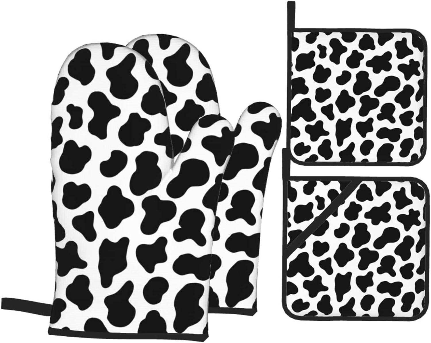 Cow Print Oven Mitts and Pot Holders Sets of 4 High Heat Resistant Oven Mitts with Oven Gloves and Hot Pads Potholders for Kitchen Cooking Baking Grilling BBQ Non-Slip Cooking Mitts