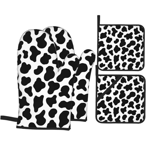 Cow Print Oven Mitts and Pot Holders Sets of 4 High Heat Resistant Oven Mitts with Oven Gloves and Hot Pads Potholders for Kitchen Cooking Baking Grilling BBQ Non-Slip Cooking Mitts