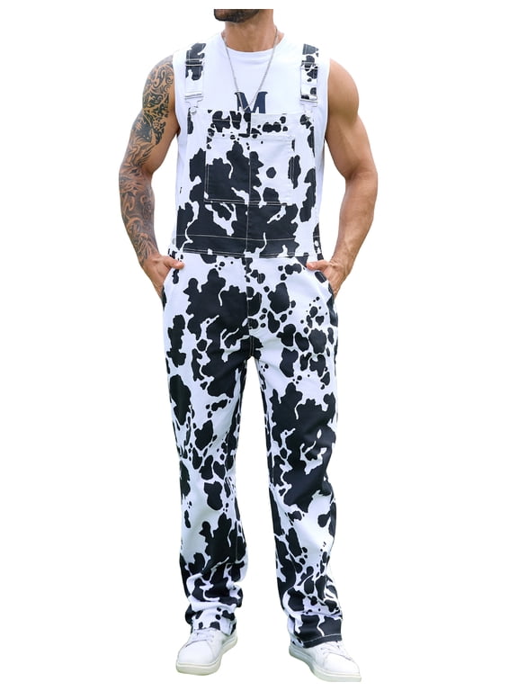 Cow Print Overalls for Men Animal Pants Fall Jumpsuit Bibs Coveralls(Cow Print,L)