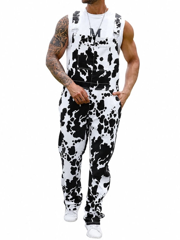 Cow Print Overalls for Men Work Bibs Coveralls Animal Pants(Cow Print,M)