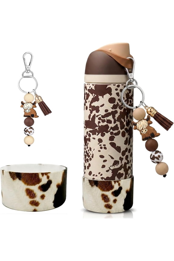 Cow Print for Owala Charm & Silicone Boot Compatible with Owala 20/24/30/32/40oz Water Bottles, Highland Cow Accessories Set for Owala FreeSip, Cowgirl Core Cow Print Bottle Boot Protector