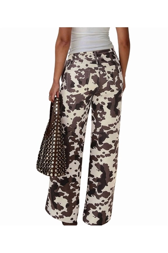Cow Print Pants Women Loose Wide Leg Jeans Loose Fit High Waisted Straight Leg Vintage Baggy Denim Pants Cow Pattern M