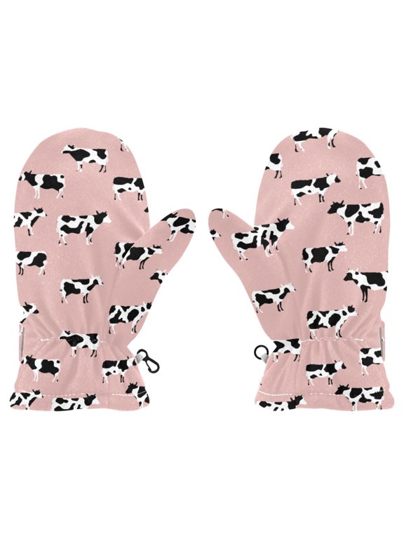 Cow Print Pattern Cold Weather Mittens Warm Thick Fleece Lined Adjustable Snow Outdoor Winter Small Ages 2-4