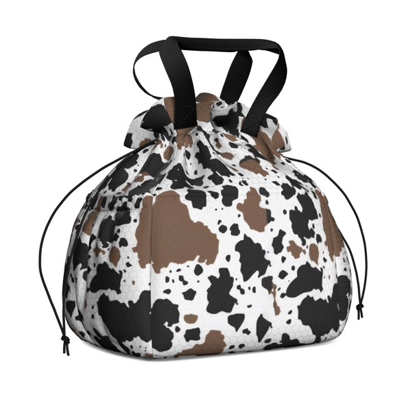 Cow Print Pattern Drawstring Insulated Lunch Bag for Women, Stain-Resistant Large Lunch Tote with Multi-Pockets for Work Office