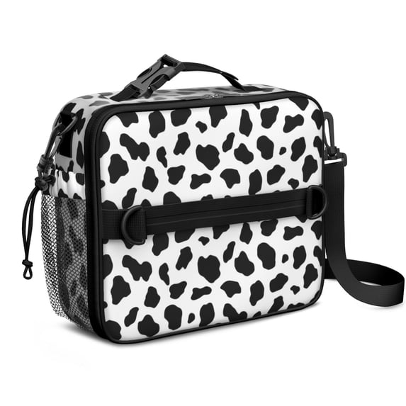 Cow Print Pattern Insulated Lunch Bag with Shoulder Strap and Bottle Holder,Bento School Lunch Bag Box,11x9.5x3.5 Inches