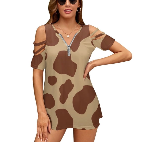 Cow Print Pictures Womens Summer V Neck Zipper Top Short Sleeve T Shirt Off Shoulder Top Casual Classy Loose Shirts