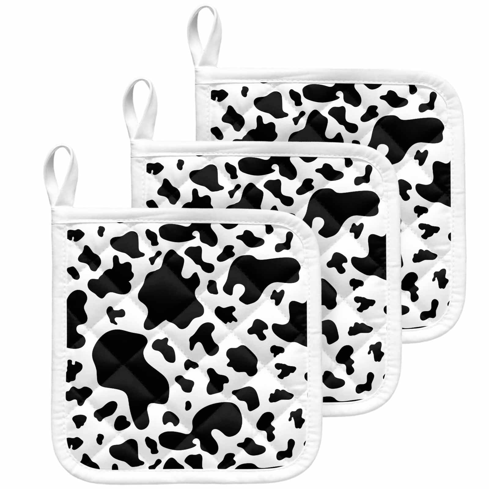 Cow Print Pot Holders for Kitchen Heatproof Potholder, 3 Pack Modern Black White Farm Animal Patterned Hot Pads Multipurpose Oven Pads Cloth Potholders Trivet for Cooking Baking