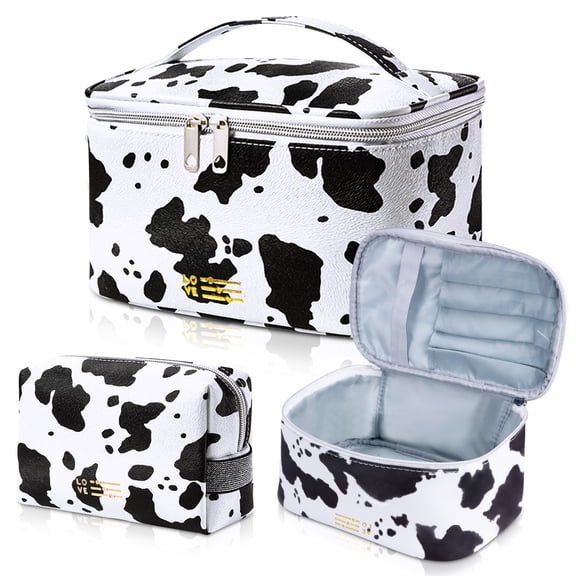 Cow Print Purse, Cow Print Makeup Bag Set of 2Portable Cow Print Purse Toiletry Bag Cosmetic Case with Handle and Divider, Waterproof Travel Makeup Bag Organizer Large Gift for Women Girls