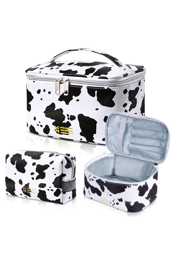 Cow Print Purse, Cow Print Makeup Bag Set of 2Portable Cow Print Purse Toiletry Bag Cosmetic Case with Handle and Divider, Waterproof Travel Makeup Bag Organizer Large Gift for Women Girls