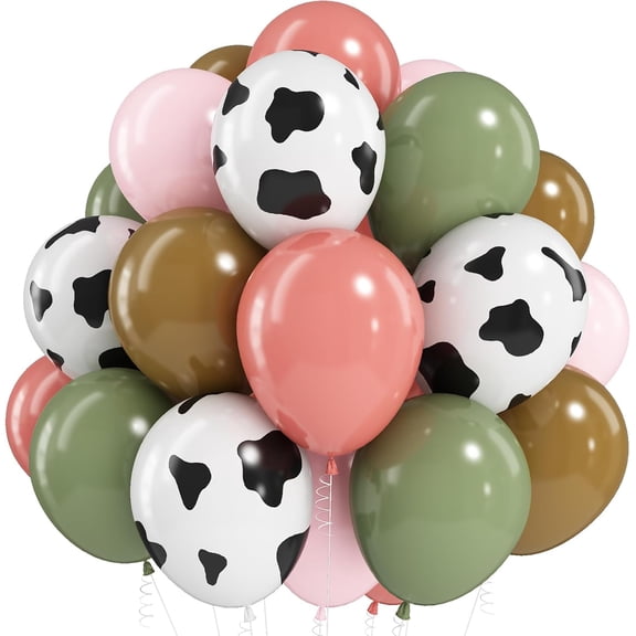 Cow Print Retro Latex Balloons Set, Dusty Blush Sage Green Brown Tan Nude White Balloons, Western Rodeo Barnyard Farm Boho Party Decorations