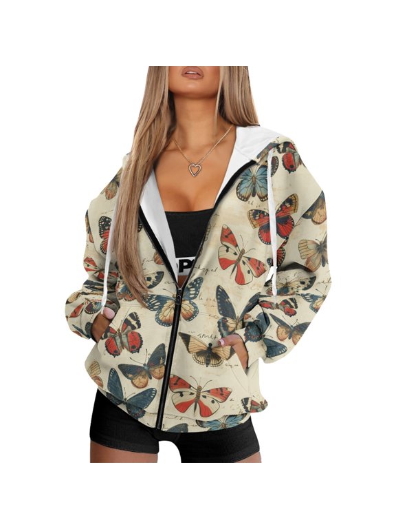 Cow Print Retro Womens Full Zip Hooded Sweatshirts Pullover Drop Shoulder Long Sleeve Y2K Athletic Winter Fall Clothes,M,Butterfly Beige,Halloween