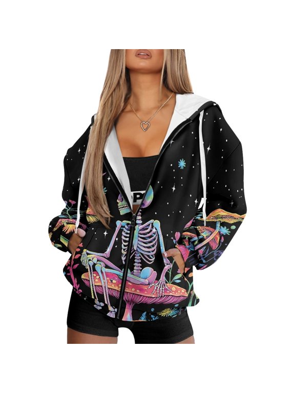 Cow Print Retro Womens Full Zip Hooded Sweatshirts Hoodies Pullover Jackets Drop Shoulder Long Sleeve Y2K Athletic Jackets Top Sweatshirt Hoodie Winter Fall Clothes,2XL,Skeleton Mushroom,Halloween