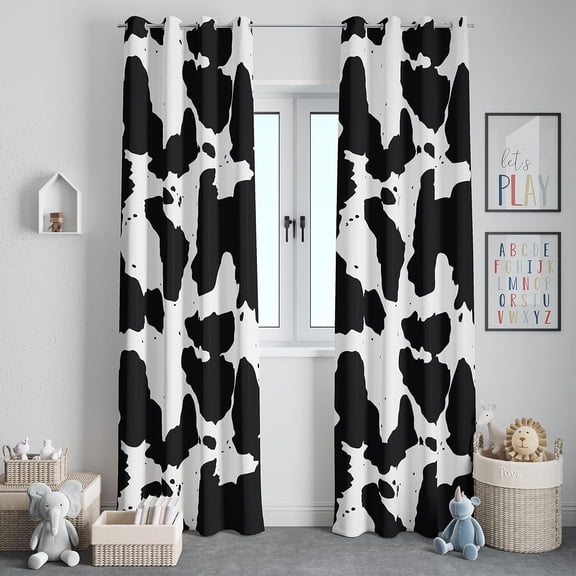 Cow Print Room Darkening Curtains,Western Animal Black and White Theme Window Drapes Decor for Living Room Bedroom Nursery Guest Room 53"W x 63"L (Pack of 2)