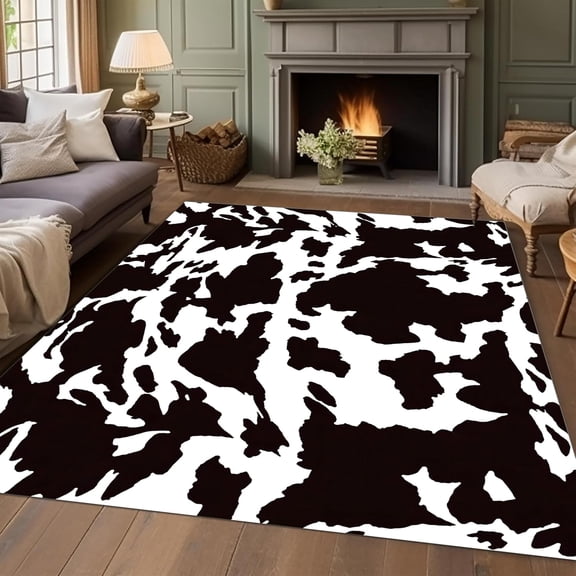 Cow Print Rug - Soft Black And White Living Room Bedroom Kids Office Farmhouse Western Interior Home Decor - Non-Slip Washable Wildlife Rug 1x2ft