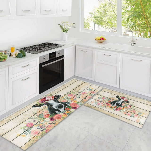 Cow Print Rugs for Kitchen Floor, Farmhouse Kitchen Mats Cushioned Anti Fatigue 2 Piece Set, Memory Foam Kitchen Mat Set of 2 and Kitchen Runner Rug Washable for Home Kitchen Decor 17"x30"+17"x47"