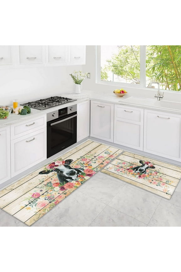Cow Print Rugs for Kitchen Floor, Farmhouse Kitchen Mats Cushioned Anti Fatigue 2 Piece Set, Memory Foam Kitchen Mat Set of 2 and Kitchen Runner Rug Washable for Home Kitchen Decor 17"x30"+17"x47"