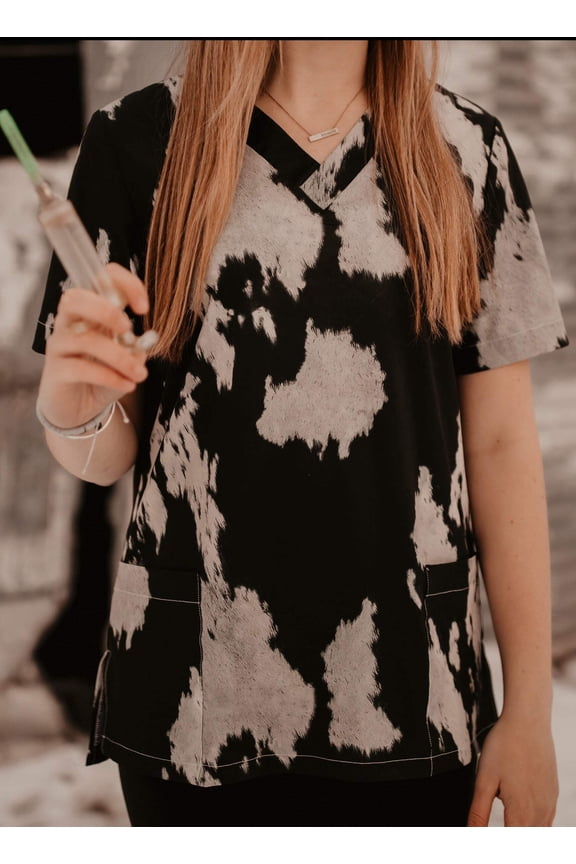 Women's scrub top, Western, Workwear, Uniform, Scrub Sets, Spurrin' Scrubs-Cow Print Scrub Top