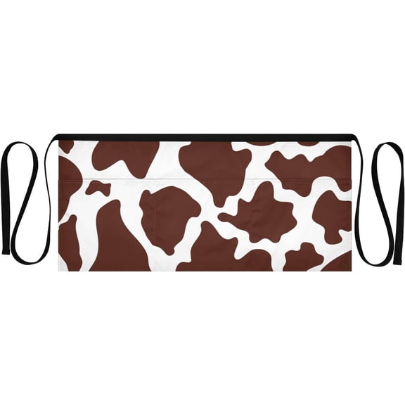 Cow Print Server Waist Apron, 3 Pockets Half Apron with Brown Cow Pattern for Farmhouse Kitchen, Cafe, Barista & Food Service