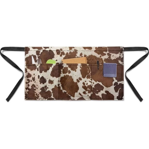 Cow Print Server Waist Apron, 3 Pockets Half Apron with Brown Cowhide Pattern for Farmhouse Kitchen, Cafe & Food Service