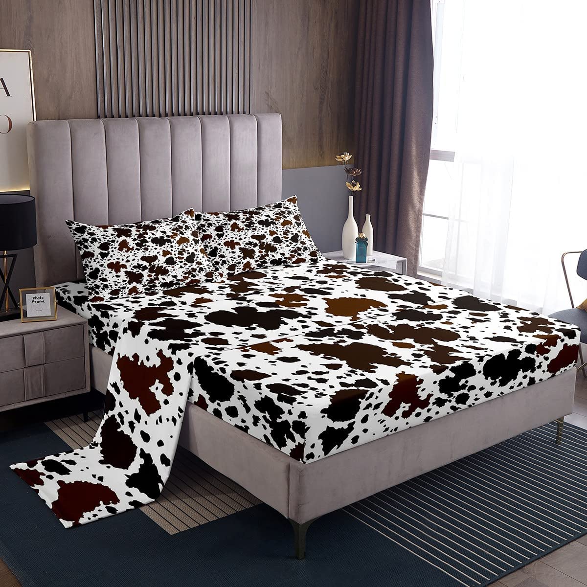 Cow Print Sheet Set Queen Size Brown White Cow Fur Bedding Set for Kids