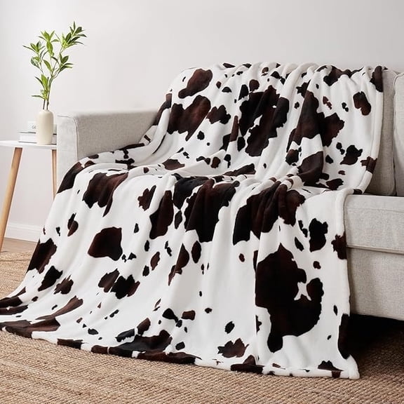 Cow Print Sherpa Fleece Throw Blanket, Soft Polyester Sofa Blanket