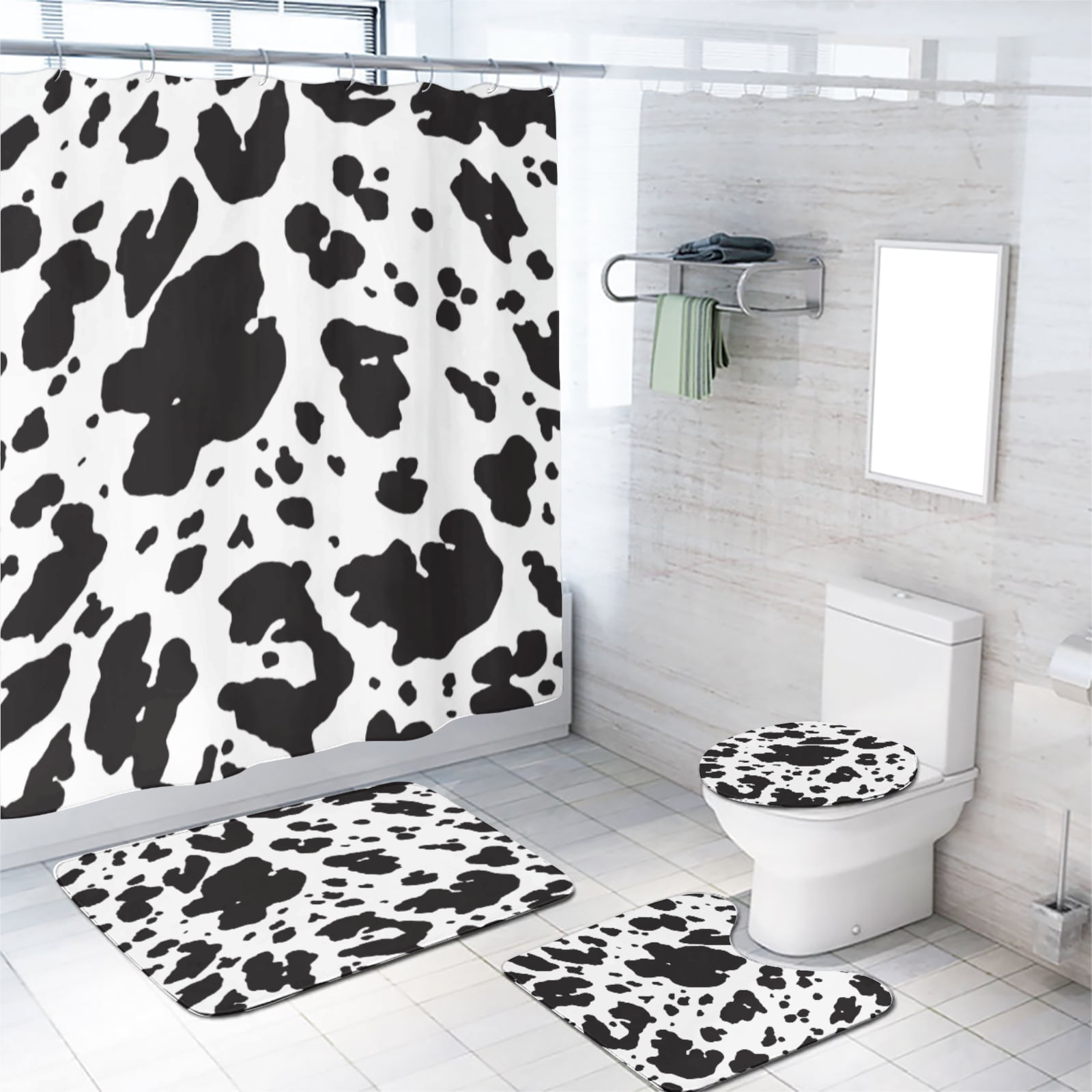 Cow Print Shower Curtain Set Black and White Bull Skin Cow Texture with Toilet Lid Cover, Bath Mat, Shower Curtains for Bathroom Rug Set, 72x72 Inch