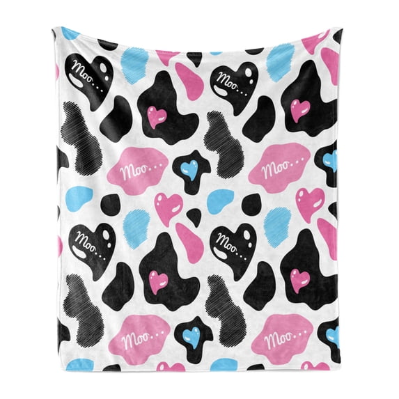 Cow Print Soft Flannel Fleece Throw Blanket, Animal Hide Hearts Moo Barnyard Love Abstract Design Farmland, Cozy Plush for Indoor and Outdoor Use, 50" x 70", Pale Pink Black White, by Ambesonne