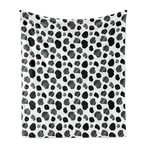 Cow Print Soft Flannel Fleece Throw Blanket, Black and White Striped Dots with Abstract Style Farm Animal Hide Agriculture, Cozy Plush for Indoor and Outdoor Use, 50" x 60", Black White, by Ambesonne