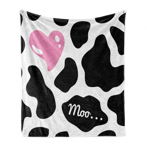 Cow Print Soft Flannel Fleece Throw Blanket, Camouflage Hide Skin Pattern in Pastel Color Shades Heart Shape Moo, Cozy Plush for Indoor and Outdoor Use, 70" x 90", Pink Black White, by Ambesonne
