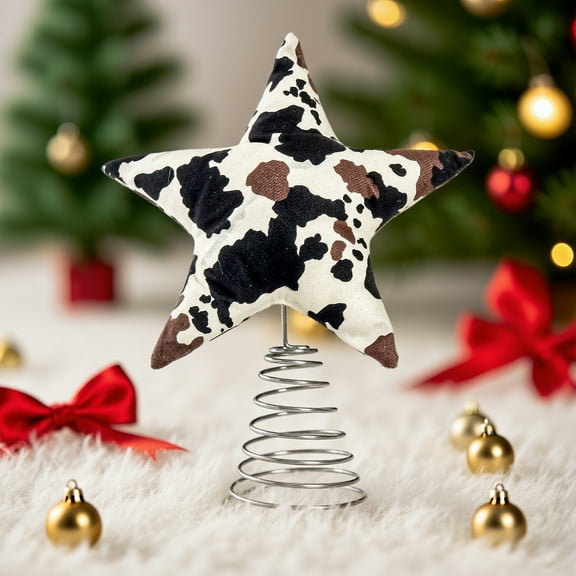Cow Print Star Tree Topper, Farmhouse Christmas Tree Topper with Spring Base, Rustic Western Holiday Decoration for Home