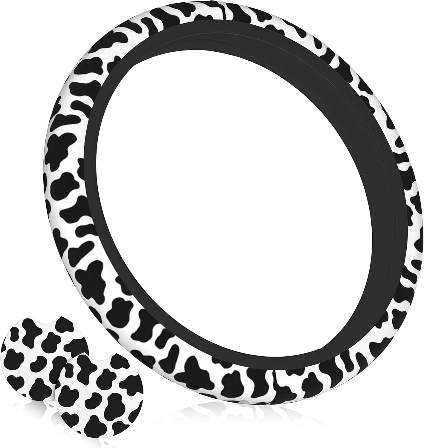 Cow Print Steering Wheel Cover - Cattle Print Steering Wheel Cover Anti-Slip Breathable Universal for with 2 Pieces Car Coasters Suitable for Men Women