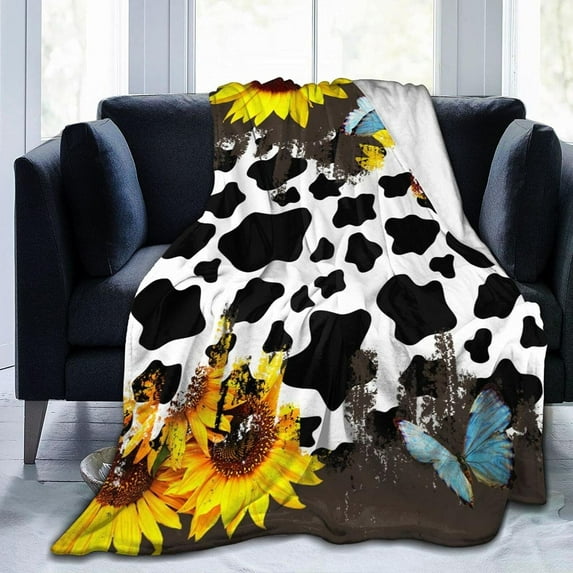 Cow Print Sunflower Throw Blanket Flannel Fleece Bed Blanket Cozy Air Conditioning Blanket Plush Blanket for Bedroom Living Sofa Car 50"x40"