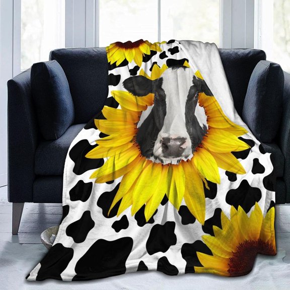 Cow Print Sunflower Throw Blanket Flannel Fleece Bed Blanket Cozy Air Conditioning Blanket Plush Blanket for Bedroom Living Sofa Car 50"x40"