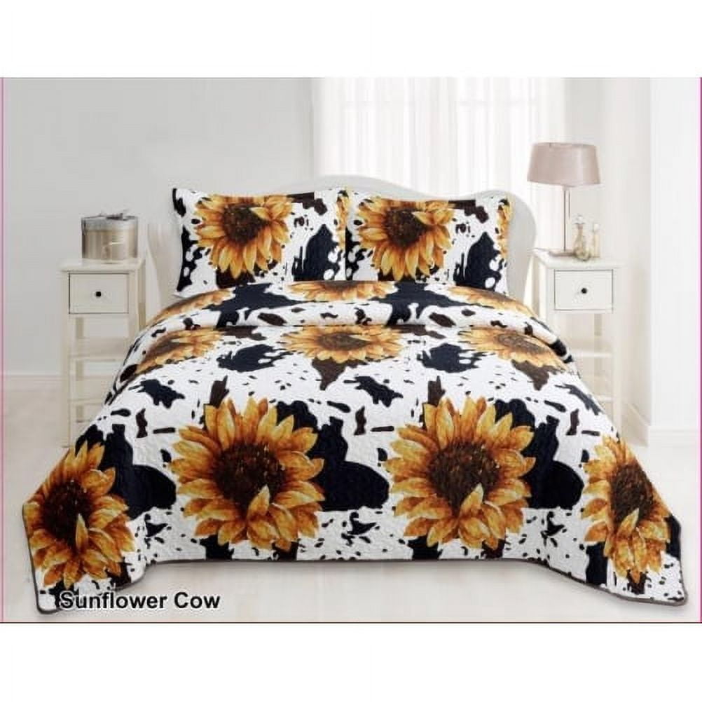 Cow Print Sunflowers Western Bedding Set Queen King Quilt Bedspreads