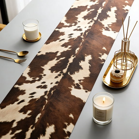 Cow Print Table Runner 35.8x12.9 Inch Linen Fabric Western Farmhouse Table Decor, Brown White Cowhide Pattern Dresser Scarf for Dining Coffee Table Party Home Decoration