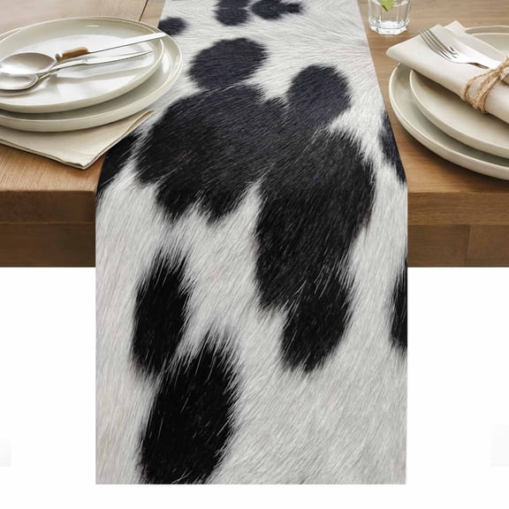 Cow Print Table Runner Farmhouse Country Cowhide Black White Tablerunners 13 x 36 Inch, Table Decorations Tabletop Scarf for Summer Gathering Holiday Farmhouse Kitchen Dining Decor