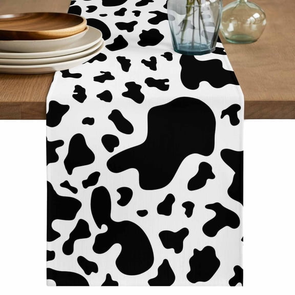 Cow Print Table Runner, Modern Black White Farm Animal Patterned Washable Cotton Linen Table Runners 36 Inches Long, Dresser Scarf Runner for Nightstand/End Tables/Round Tables 13''x36''
