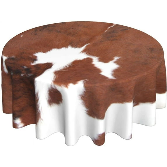 Cow Print Tablecloth Round 60 Inch Vinyl Spring Cowhide Table Cloths for Parties Waterproof Fabric Brown Animal Print Tablecloths Decorative for Holiday Home Party Wedding Picnic
